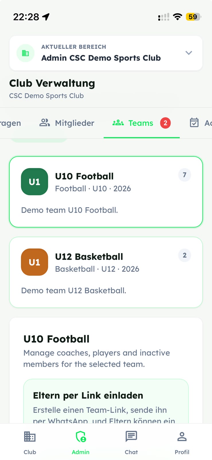 CSC App Adminbereich mit Teamliste