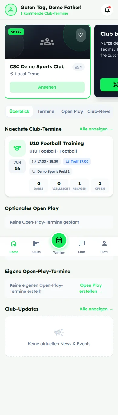 CSC App Startseite mit Club-Terminen und Updates