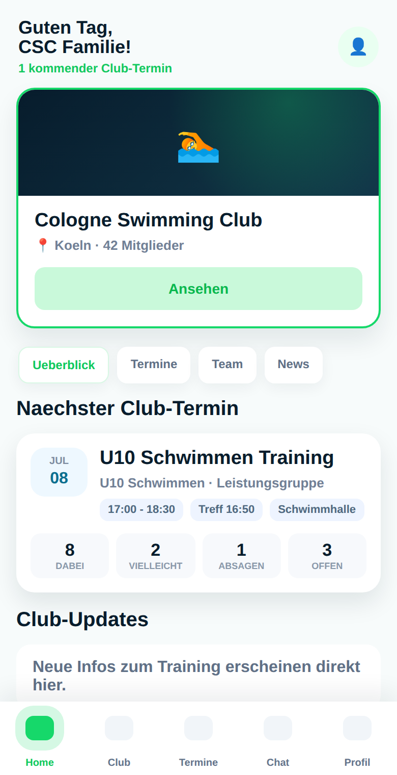 CSC App Home mit Cologne Swimming Club und naechstem U10 Schwimmtermin