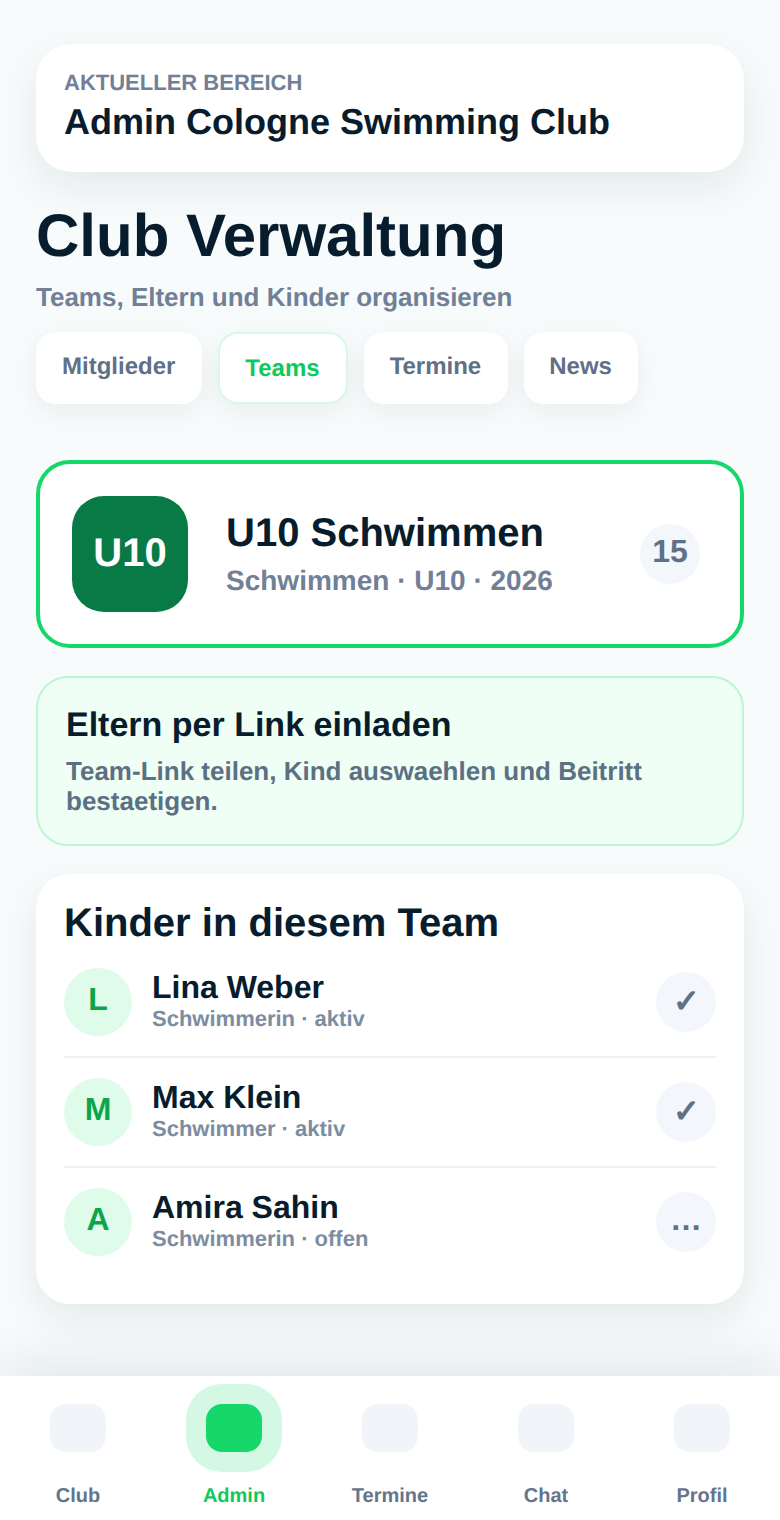 CSC App Teamansicht U10 Schwimmen mit Elternlink und Kindern im Team