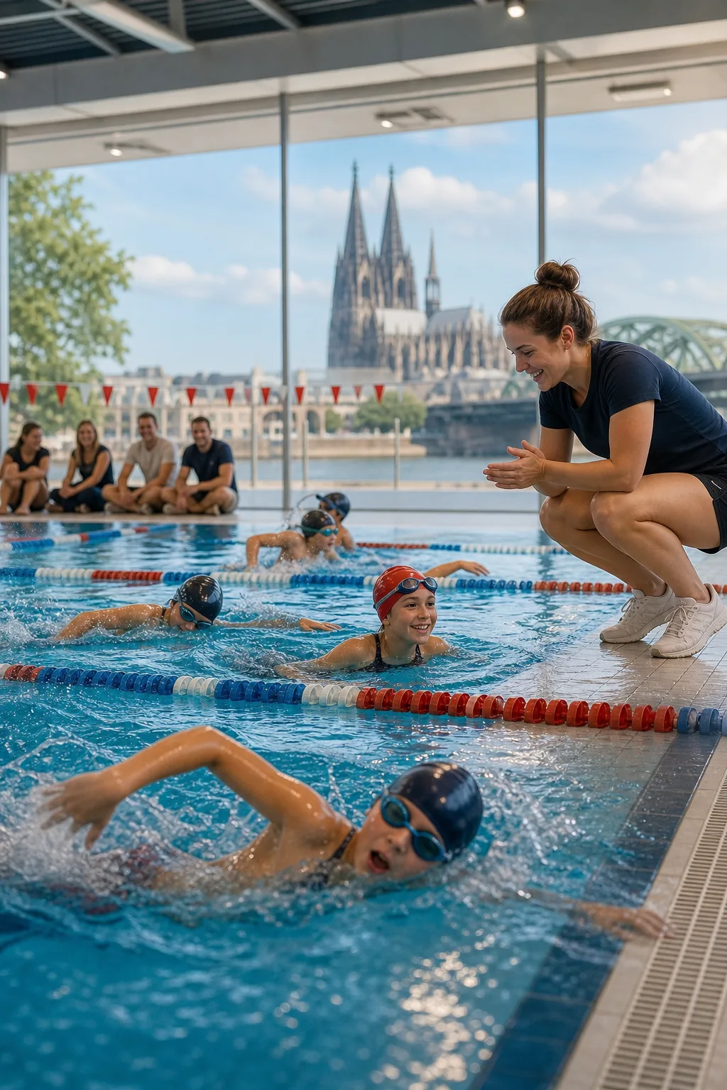 Schwimmtraining mit Kindern und Trainerin in einer hellen Schwimmhalle