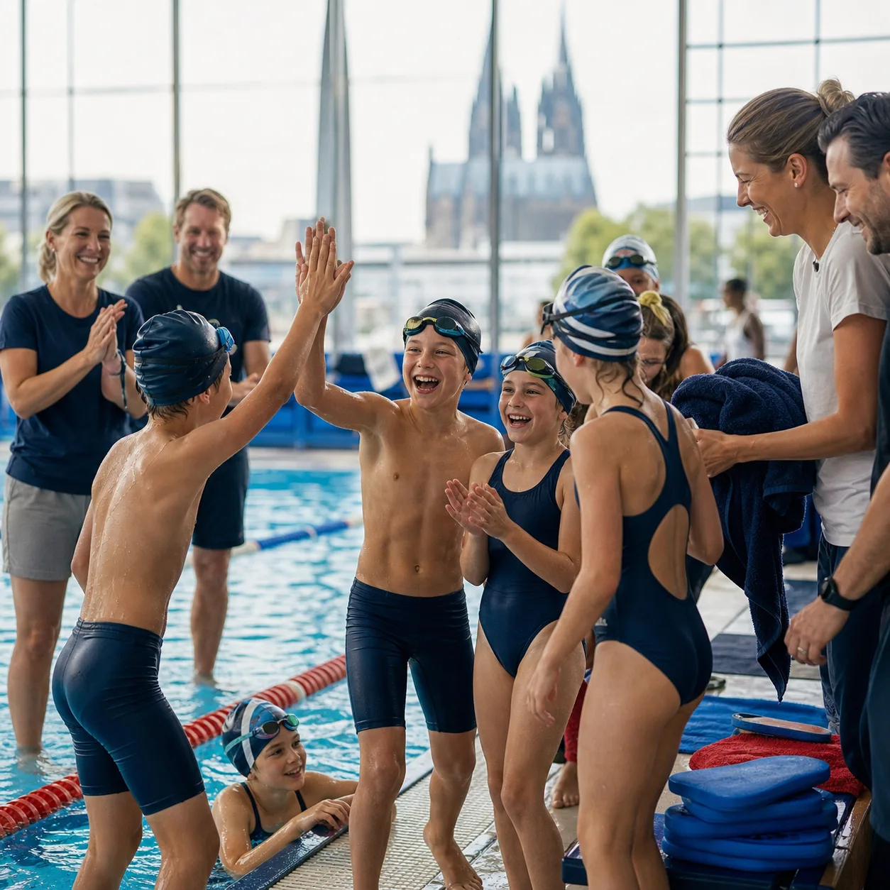 Kinder und Eltern am Beckenrand bei einem Schwimmtraining in Koeln